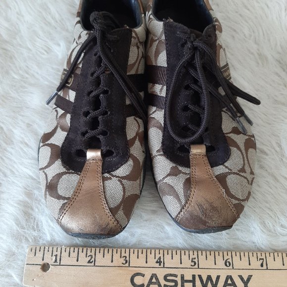 Coach Women's Metallic Gold and Brown Signature Lace Up Sneakers Size: 7.5M - Picture 6 of 7